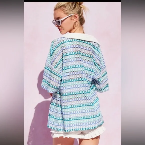 010. Yarn dyed crocheted wide leg short sleeve set - Picture 3 of 3